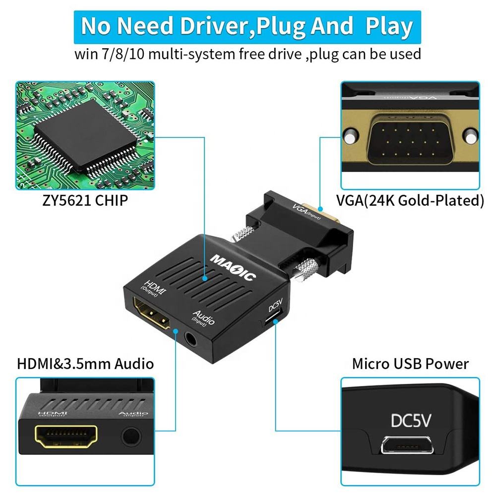 Adapter VGA do HDTV z monitorem audio PC do TV Projektor 1080P Aktywny konwerter