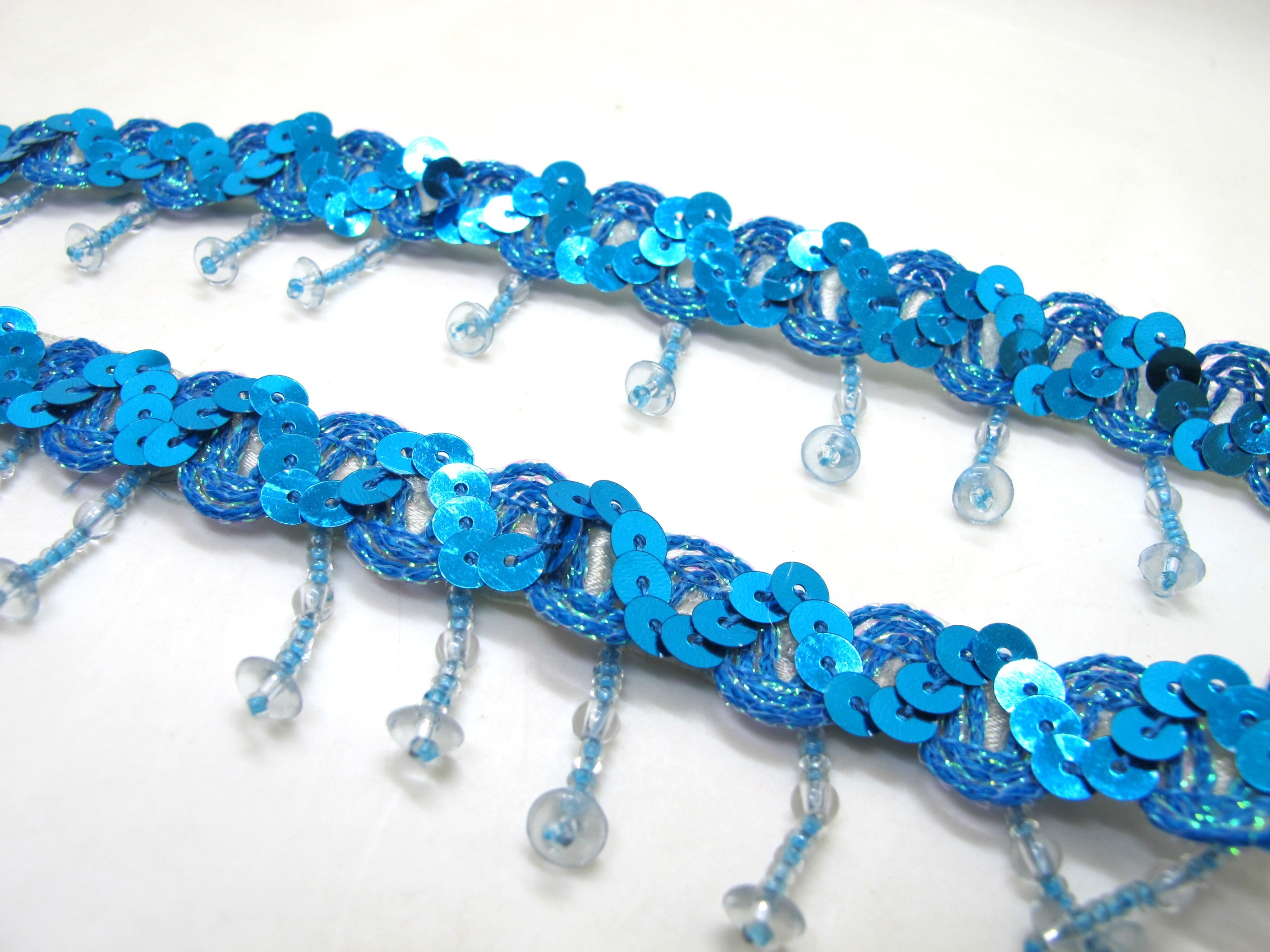 1 1/2 Inches Blue Shiny Glittery Sequined Beaded Fringe Trim|Sequined Braid Seed Bead Trim|Handmade Lampshade Home Decorative