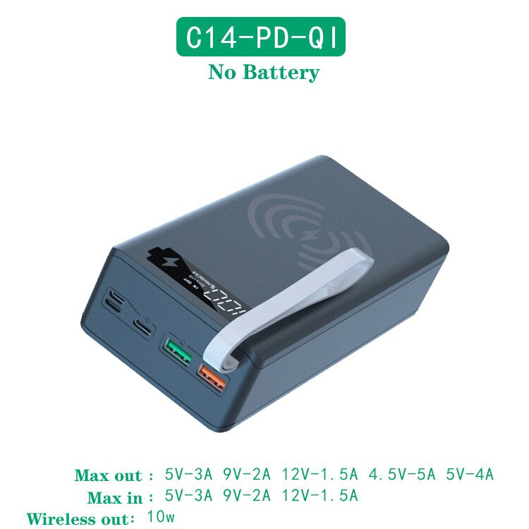 For Type C Micro Lightning 14*18650 Battery Holder Charging Box DIY Power Bank Cover Dual USB Diy Power Bank 18650 Battery Case: C14-Black-PD-QI