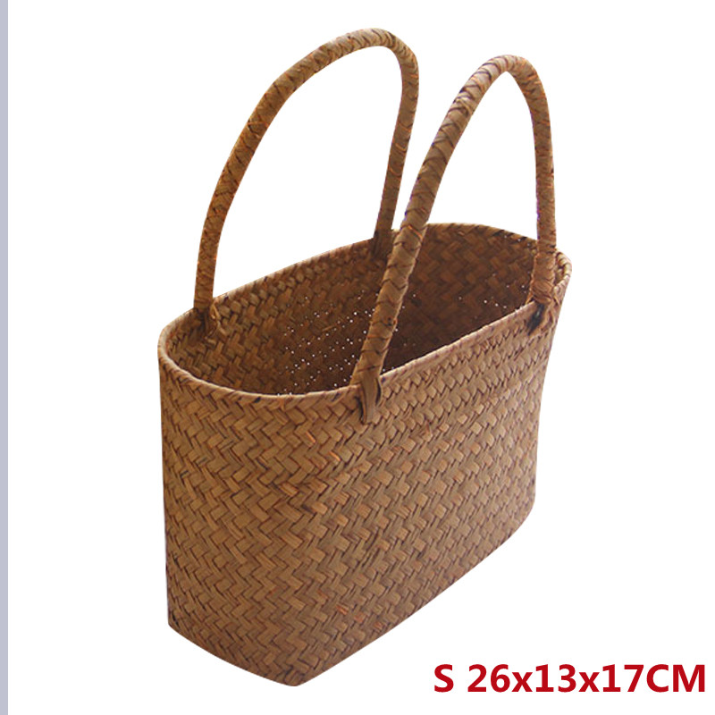 Seaweeds tecido flor cesta jardim suculento saco de armazenamento artesanato artístico cesta de compras picnic cesta de bambu: S 26x13x17CM
