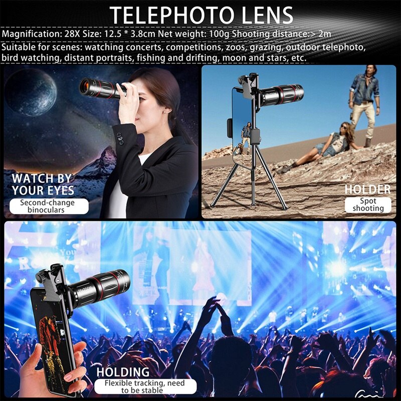 4 In 1 Telefoon Tele Camera Lens,28X Tele + 198 ° Fisheye + Groothoek En Macro Lens Met Statief Voor Iphone, Samsung