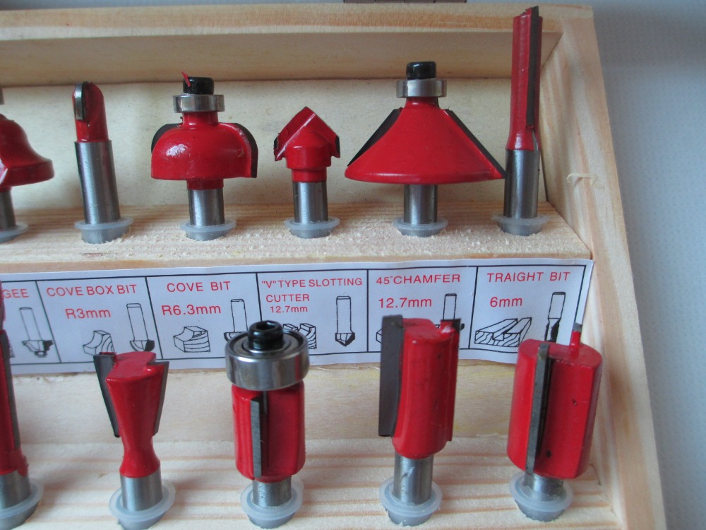15PCS 1/4" Shank Tungsten Carbide Router Bit Set Wood Case tool kit Milling Cutter Router bit set 6.35mm