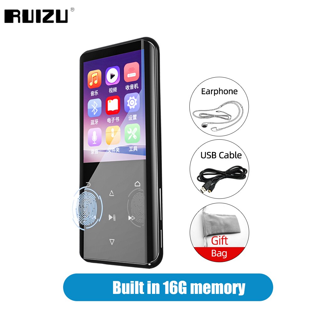RUIZU D25 MP3 Bluetooth Player Touch Control Portable HIFI Music Video MP4 Player Built-in Speaker With FM-Radio E-Book Record: Buit in 16G Memory