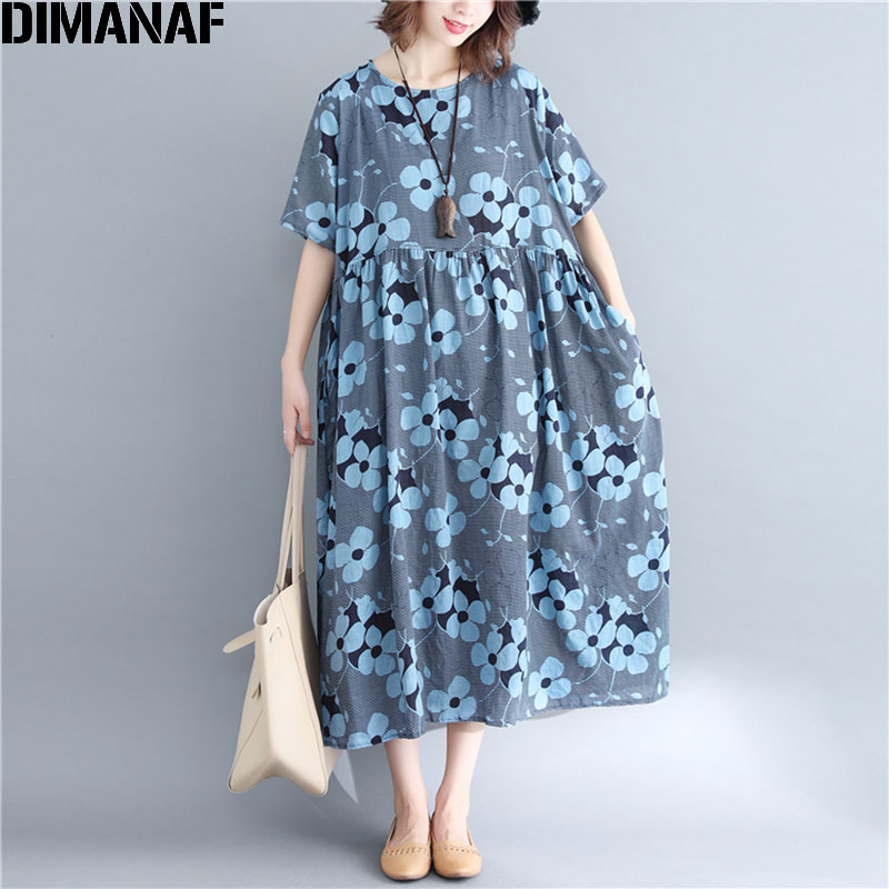 DIMANAF-vestido de lino de talla grande Vintage para mujer, vestido holgado de talla grande, azul, para playa y vacaciones de verano,
