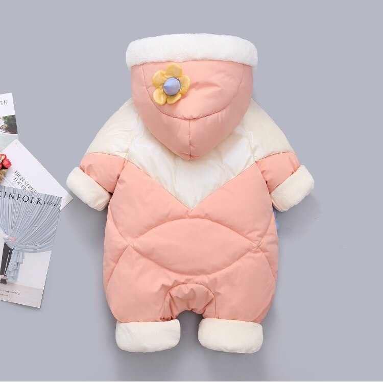 Olekid plus sammet vinter baby flicka romper tecknad dinosaurie huva nyfödd dunoverall kappa småbarn flicka jumpsuit snödräkt