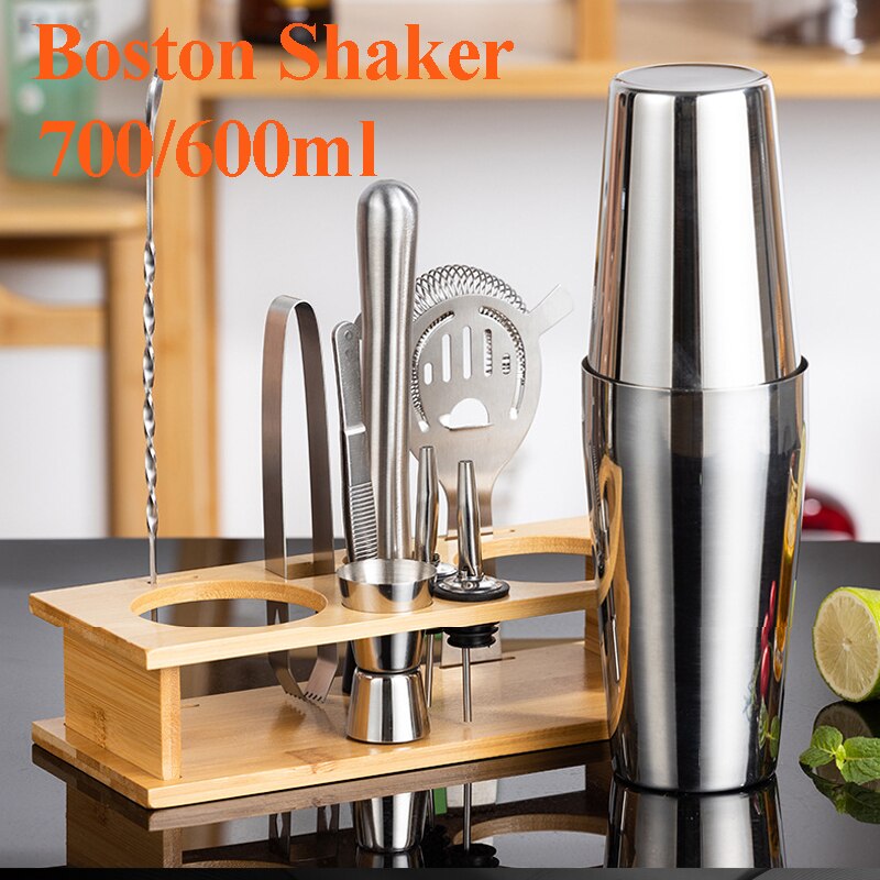 Juego de coctelera de acero inoxidable, mezclador de camarero, Zapatero, coctelera Boston, bar, herramientas, Jigger, mezclador, cuchara vertedora: 10pcs Boston Sets B