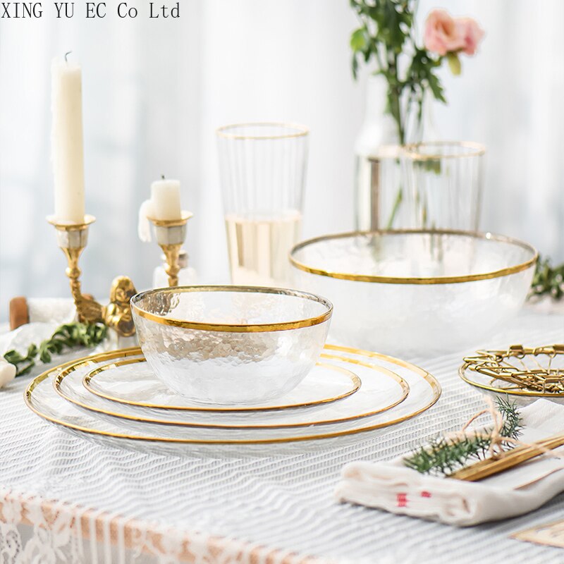 Vajilla de vidrio con borde dorado, plato occidental de comida, plato plano para ensalada, conjunto de carne para banquete, plato de exhibición, vajilla, utensilios de cocina