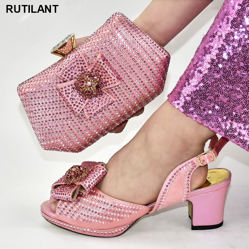 African Shoe and Bag Set Italian Women Wedding Pumps with Purse African Shoe and Bag Set Decorated with Rhinestone