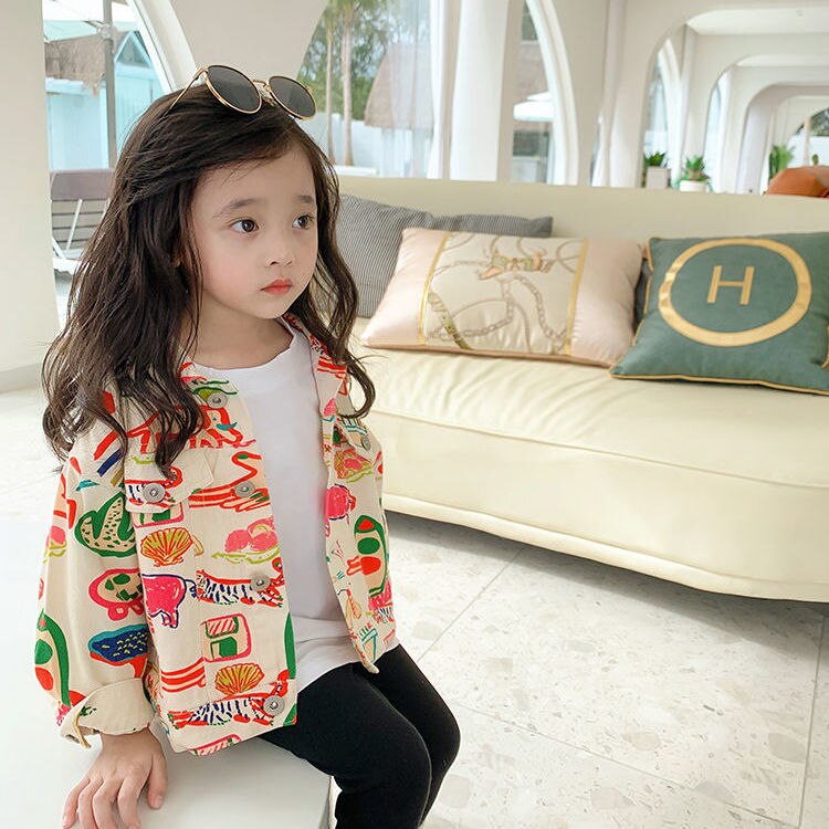 Capispalla colletto rovesciato monopetto lunghezza regolare stampa semplice comodo colorato adatto primavera bambini ragazze