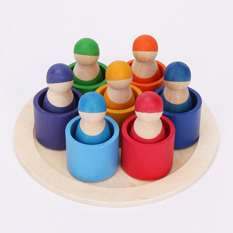 13 pièces/ensemble Montessori jouets en bois arc-en-ciel blocs amis Peg poupées corps bébé semblant jouer personnes FiguresRainbow empileur