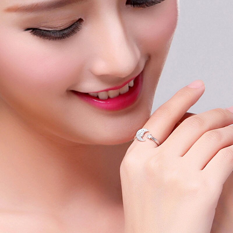 Crazy Feng-Anillos ajustables con forma de Luna y estrella plateada, bisutería de lujo de cristal para compromiso de boda, para amantes