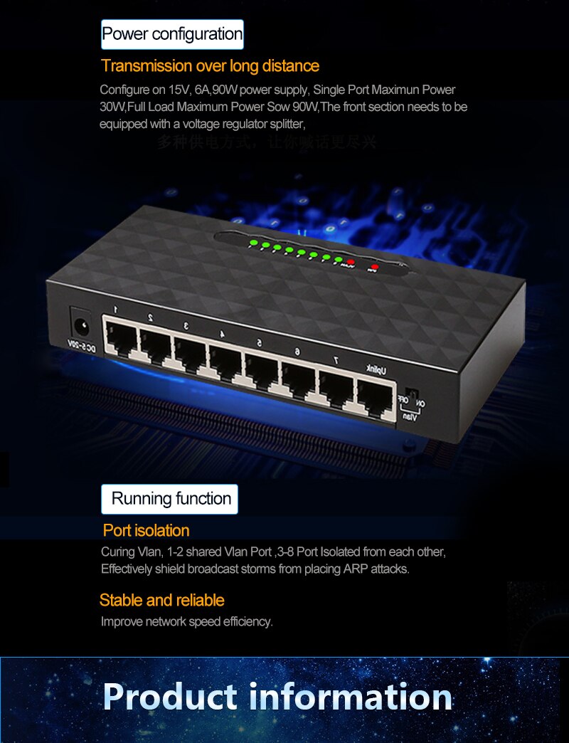 8 Porta Spoe Interruttore 250M Spoe Power Over Ethernet Switch 90W Adattatore di Alimentazione per Telecamere Ip di Rete O wireless Ap/6 Poe Splitter