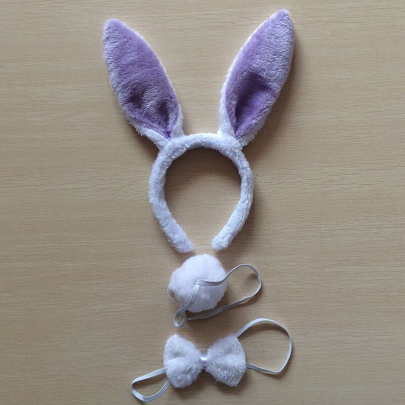 Conjunto de diadema con orejas de conejo para niños y adultos, vestido de fantasía, diadema con Orejas de conejo grande para , diadema con cola, Negro, Rosa, blanco y azul: purple