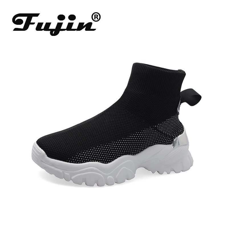 Fujin tykk joggesko pustende kvinner fast kile fjær høy topp sokker sko dame tykk bunn sko dame