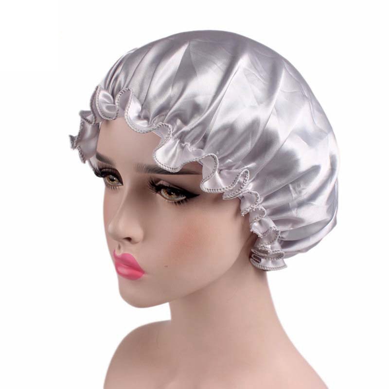 1 pièces Satin Bonnet pour coiffure dormir Bonnet de douche Bonnet de soie femmes nuit bandeau élastique sommeil chapeau couvre-tête soins des cheveux: silver color