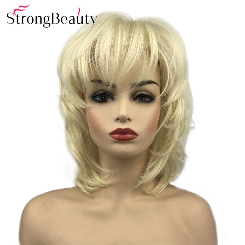 StrongBeauty Synthetische Vrouwen Pruiken Pluizige Natuurlijke Medium Lengte Golvend Blond/Gouden Haar Capless Pruik