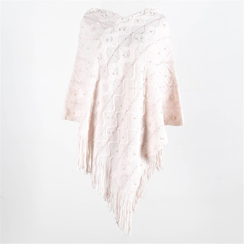 Chal blanco, prendas de vestir exteriores, suéter de punto con borla, capa holgada informal para mujeres, suéter, chal, Poncho de primavera Otoño, capa Irregular con dobladillo: Light Pink
