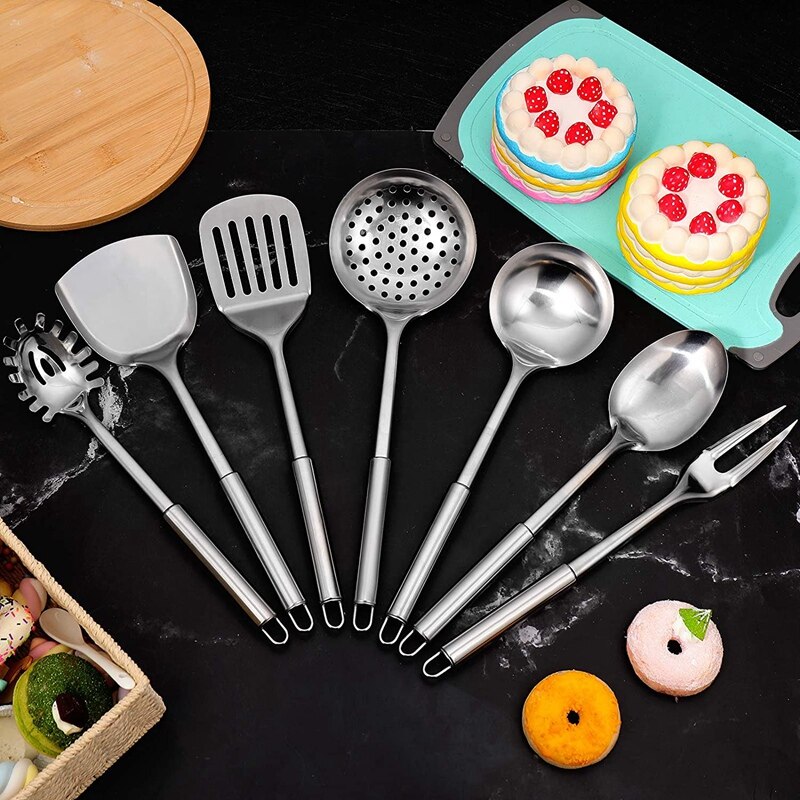 7 Pieces Stainless Steel Kitchen Utensils Set Cooking Utensils Set Includes Slotted Spoon Soup Ladle Serving Spoon Fork