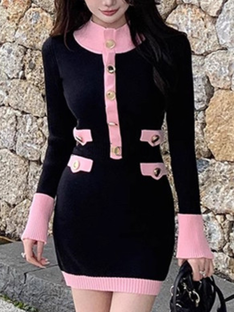 Winter French Vintage Knitted Dress Women Button Patchwork Sweater Dress Female Korean Casual Retro Dress