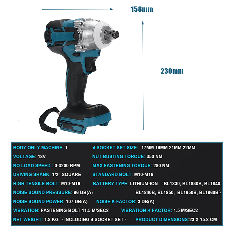 Makita18V Battery 280 N.m Cordless Electric Impact Wrench Motor 1/2 Square Brushless Rechargeable Wrench LED Light Power Tools