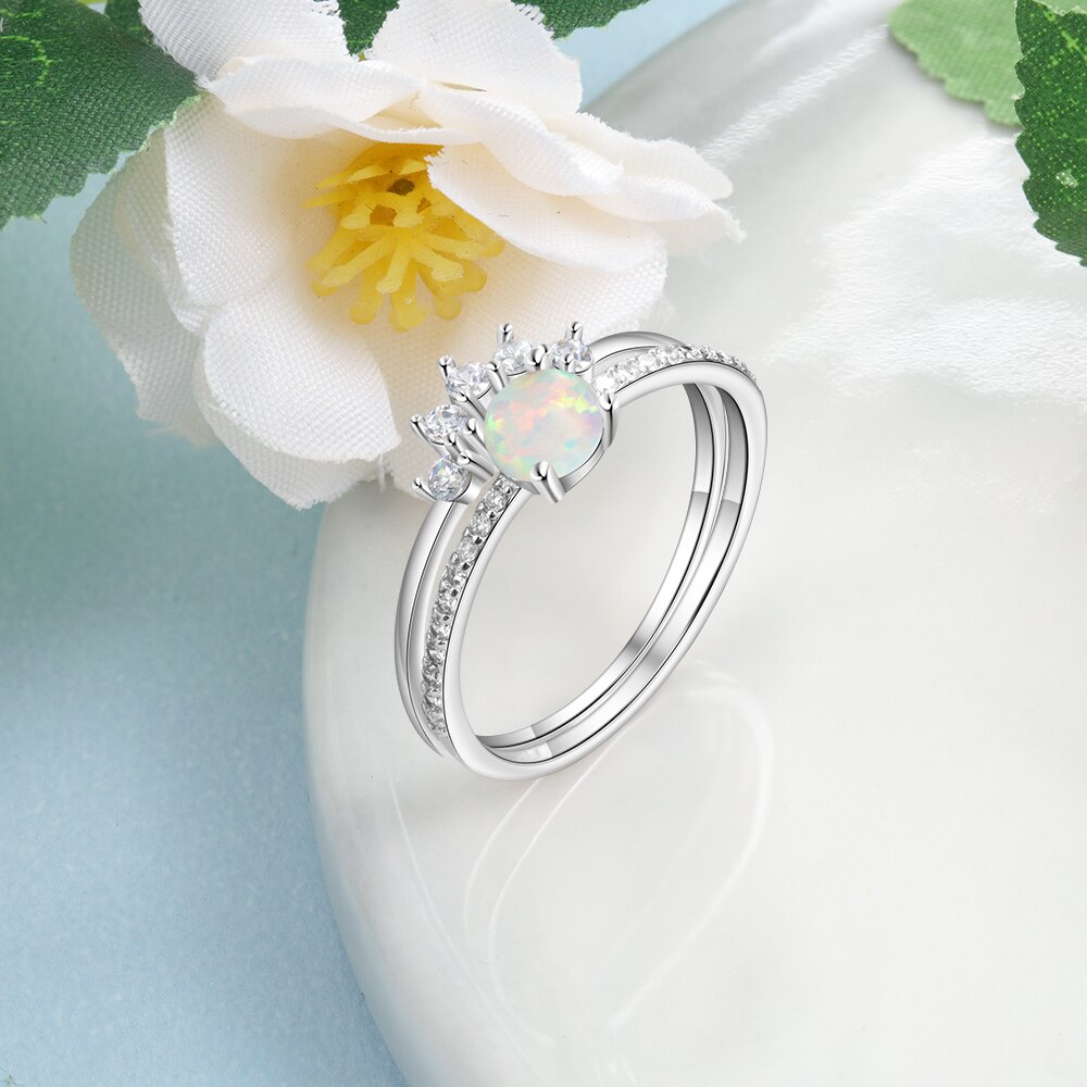 2 Stck/einstellen 925 Sterling Silber Stapelbar Opal Ring Klar CZ Finger Ringe für Frauen Hochzeit Band Silber 925 schmuck (Lam Hub Fong)