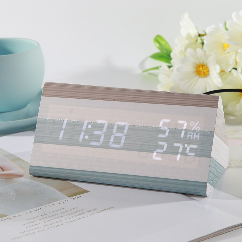 Wooden Digital LED Alarm Clock Adjustable Sound Control Temperature Humidity Table Watch Home Bedroom Desktop Decor