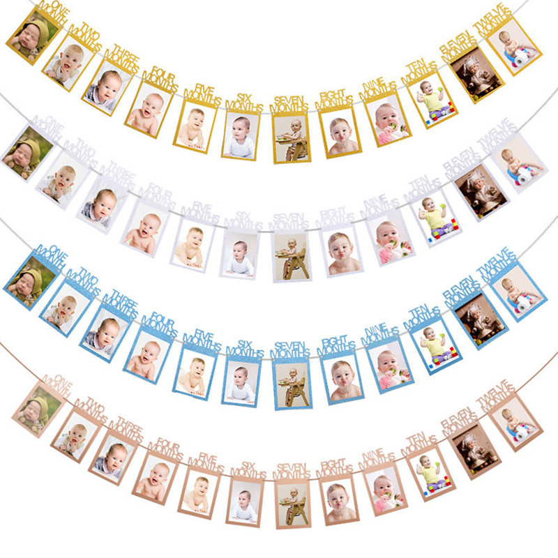 Happy Birthday Photo Frame Banner for Family First Party Decoration Kids Baby Boy Girl My 1st One Year Supplies 12 Month