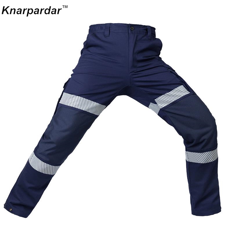 Pantalon de travail bleu marine pour homme, 100% coton, pantalon de travail extensible, vêtements de travail multi-poches avec rayures ZE