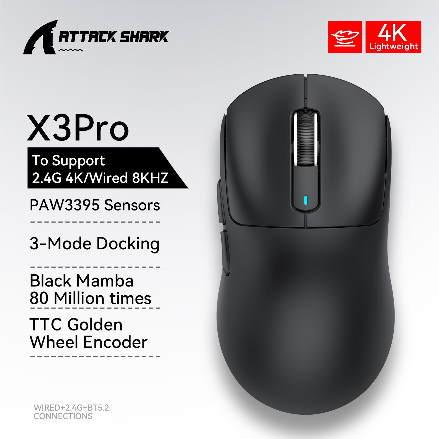X3 PixArt PAW3395 mysz Bluetooth 2.4G połączenie Tri-Mode, 26000dpi, 650IPS, 49g lekka makro mysz do gier