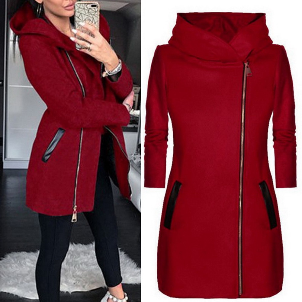Herfst Winter Capuchon Dame Effen Kleur Lange Mouw Rits Sweatshirt Jas Vrouwelijke Mode Toevallige Slanke Uitloper Jas