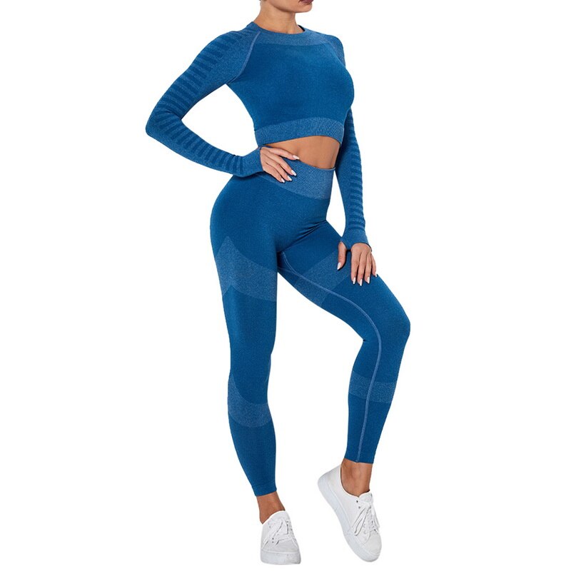 Vrouwen Stiksels Kleur Trainingspak Twee Delige Set Lange Mouwen Korte Lengte Top Elastische Taille Broek Vrouwen Sportkleding: dark blue / S