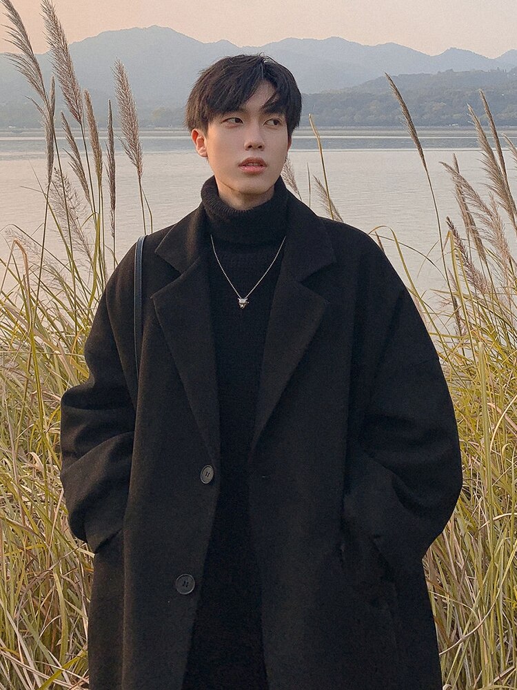 IEFB – manteau en laine de chameau noir pour homme, pardessus en Tweed à boutonnage simple, ample, mi-long, col de costume, vêtements épais, automne hiver