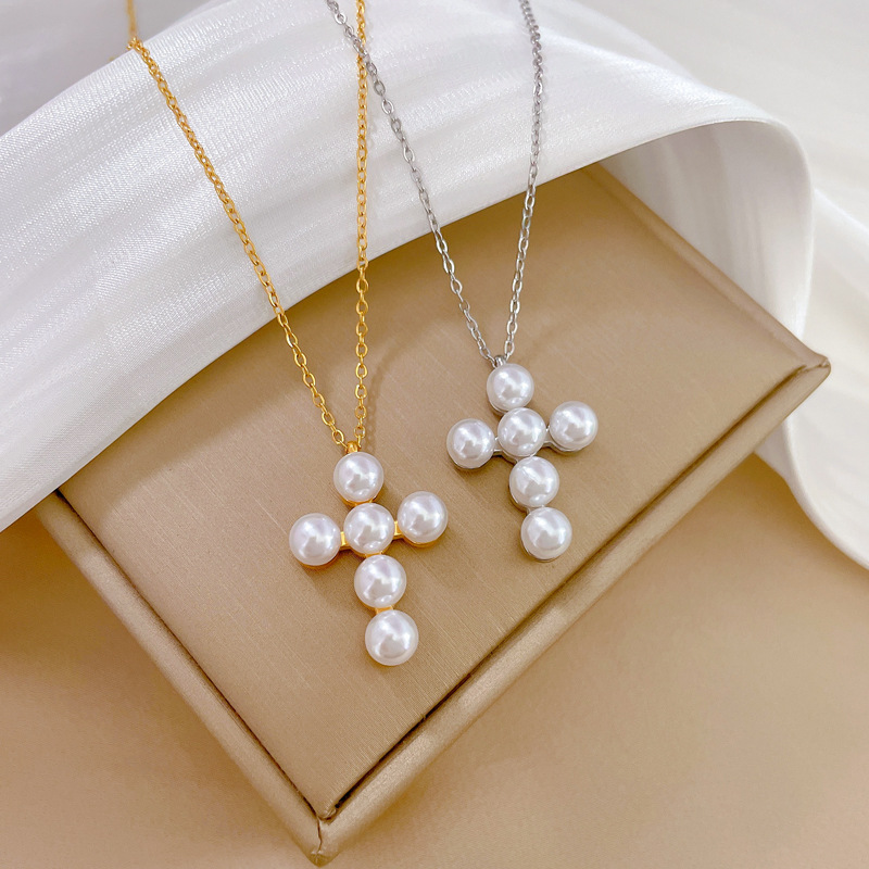 Klassieke Persoonlijkheid Romantische Witte Parel Kruis Ketting Prachtige Christelijke Roestvrijstalen Sleutelbeen Ketting Hanger