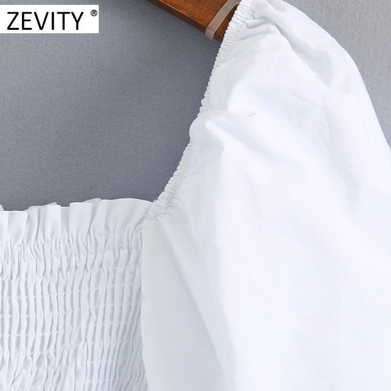Zevity dames vierkante kraag elastische poplin smock blouse dames pofmouw slanke witte shirts chique cropped tops  ls7033