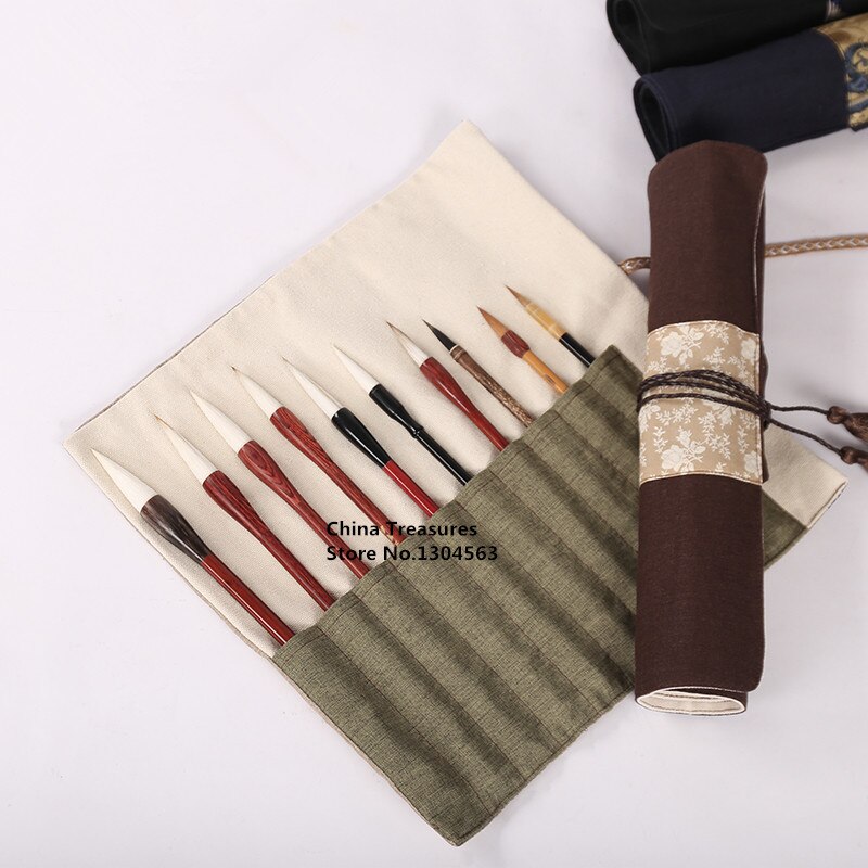 Chinese canvas kwastenroller, chinese kwastenhouder, pennezak, chinees haarkwastgordijn