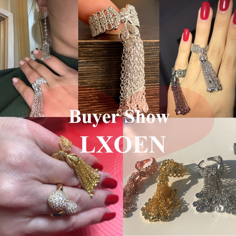 LXOEN Luxury Party Famous Brand Tassel Rings For Women Inlay Cubic Zirconia Adjustable Crown Ring Famous Brand bague