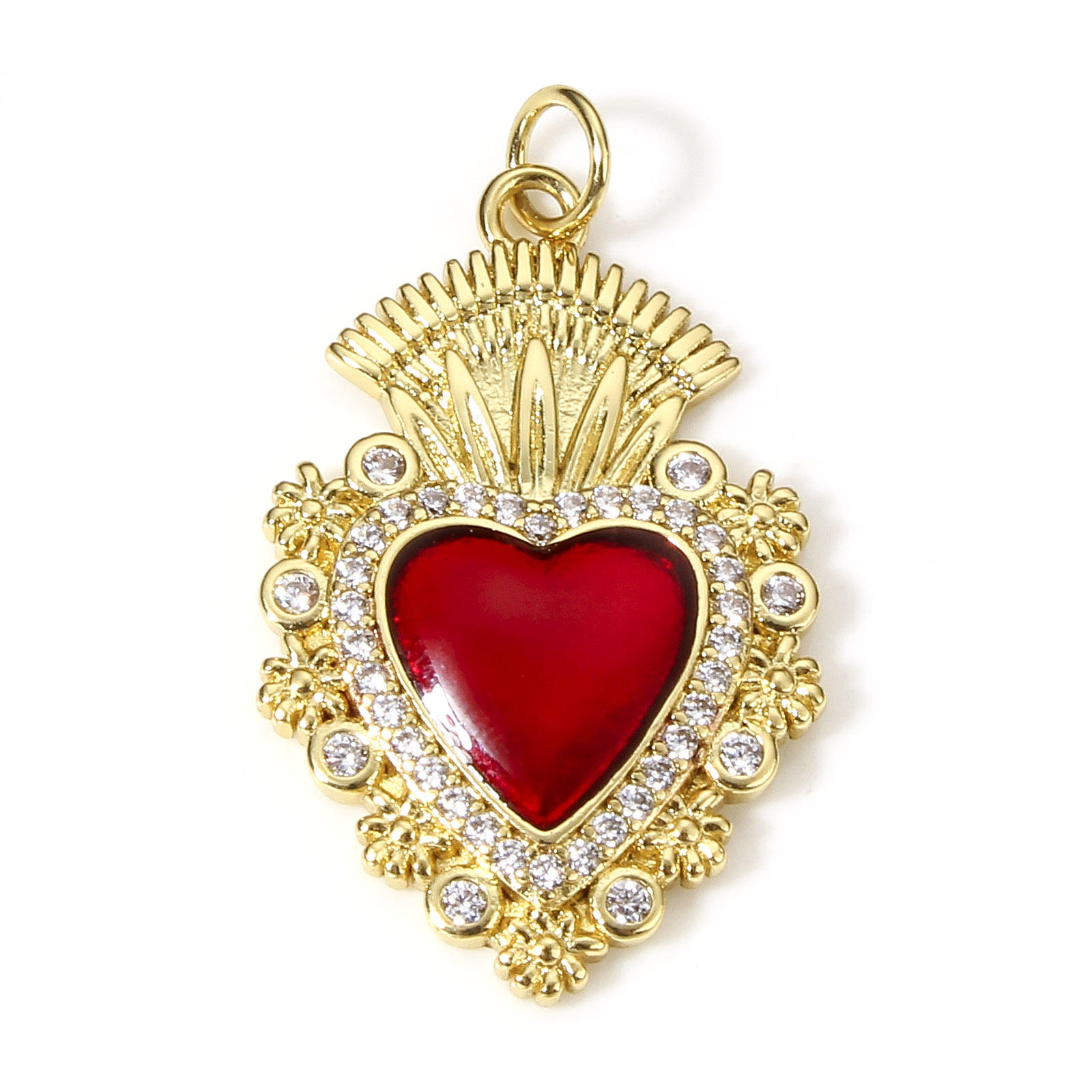 1 pieza de dijes de corazón religioso rojo clásico para la fabricación de joyas, colgantes Ex Voto de Color dorado, collar de circonia cúbica transparente DIY: Rodio plateado