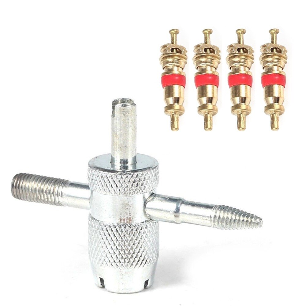 Car Bike 4 Way Tyre Valve Repair Standard Tire Remover Tool + 4 Stem Cores Kit