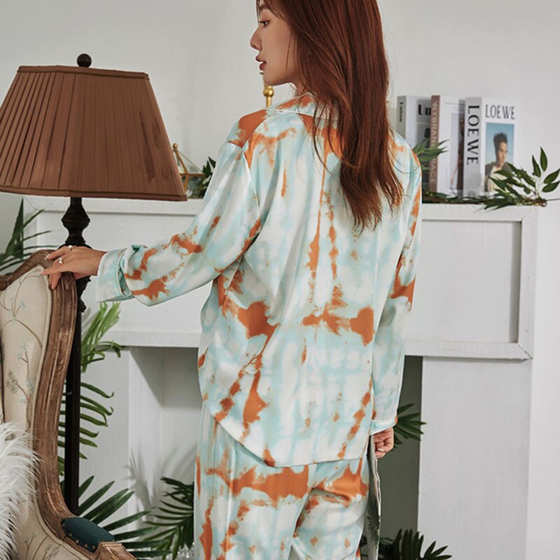 Women's Spring Tie-Dye Silk Satin Pyjamas Set Simple Style Ice -Silk Full-Sleeve Cardigan+Trousers 2Pcs Ladies Sleepwear