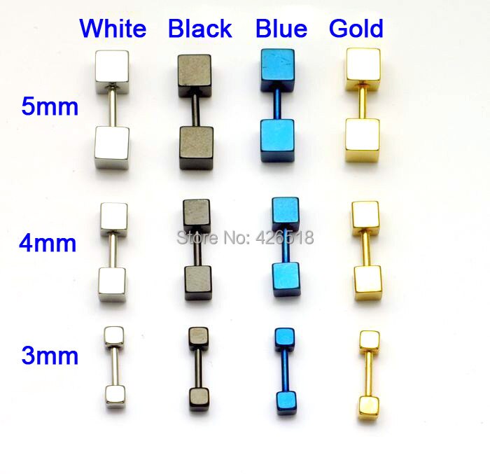 3 4 5mm width Cube Square titanium steel Punk Men Screw Back (pierced) stud earrings 4 colors