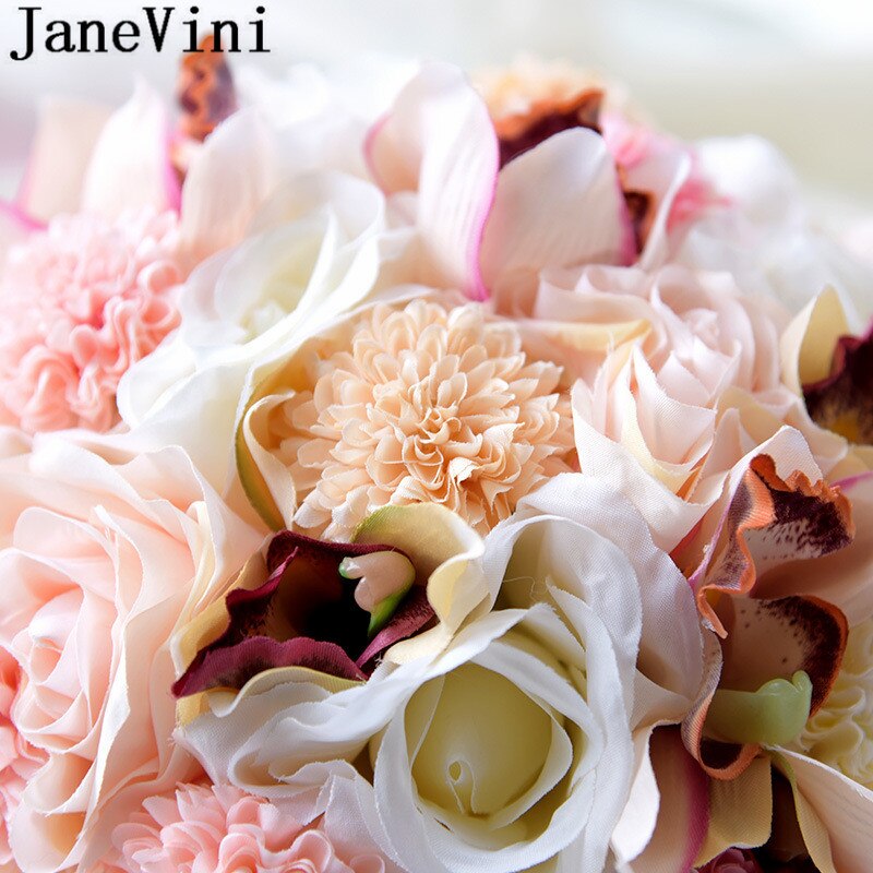 Janevini Elegante Roze Roos Bruiloft Boeket Kunstbloemen Lint Handvat Bridal Broche Diamant Decoratie Bruid Boeket