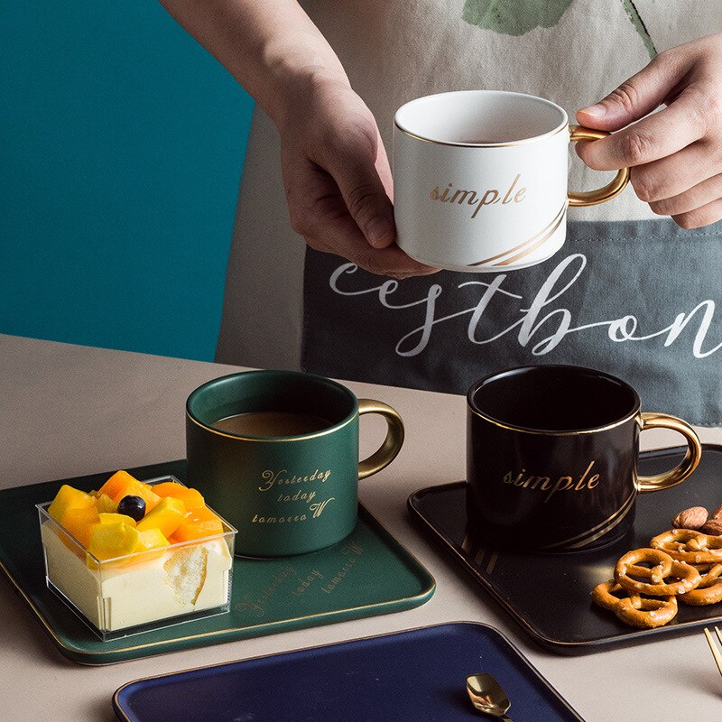 Nordisk stil keramisk kaffekop sæt enkelt kop underkop kaffebar hotel husstand firkantet plade gyldent håndtag