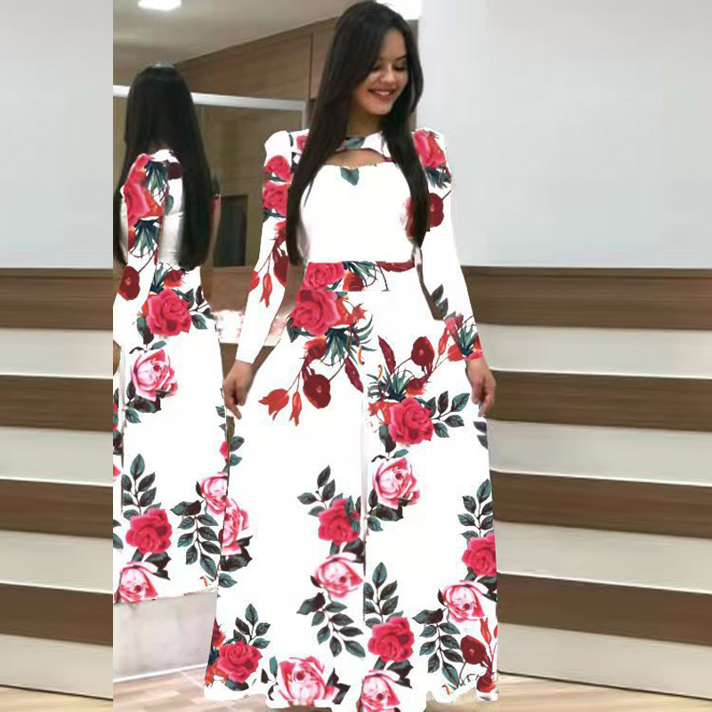 Kvinders efterårsprint langærmede slim fit vestido rund hals blomster hule maxikjoler roupas mujer 5xl