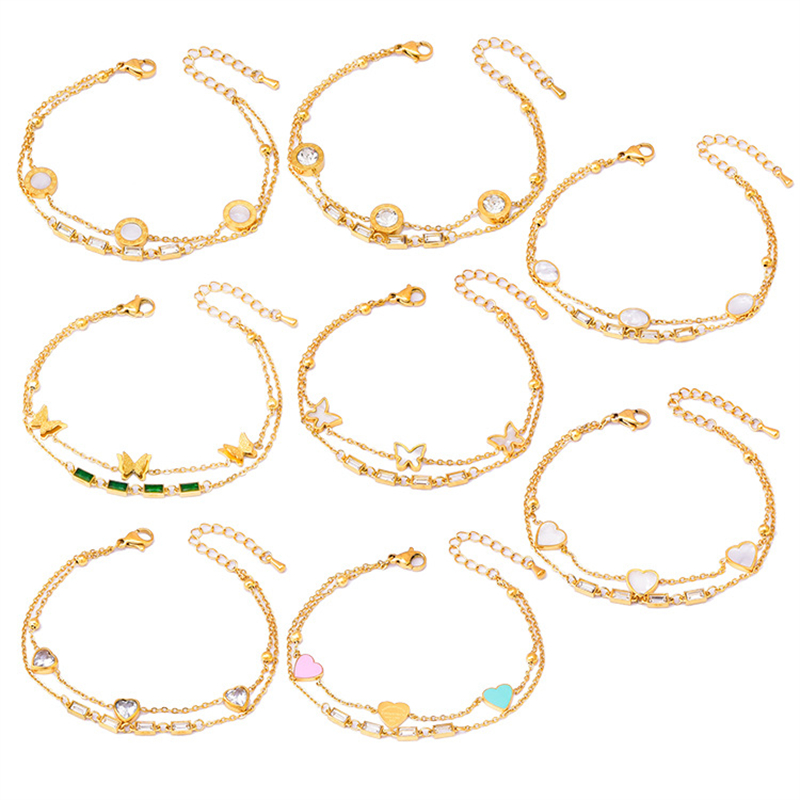 316l Roestvrij Staal Mode Fijne Sieraden 8 Verschillende Stijlen 2-Laags Hart Vlinder Zirkoon Charm Ketting Armbanden Voor Vrouwen