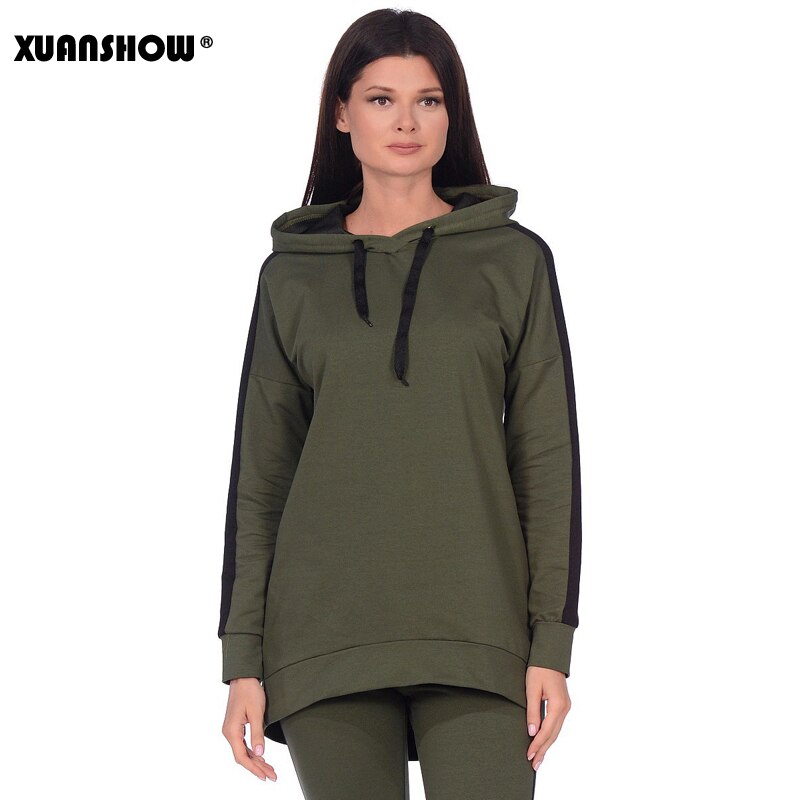 XUANSHOW Autumn Winter Female 2 Piece Set Tracksuit For Women Long Sleeve Long Hoodies+Pants Two Piece Set Outfit Women Suit: GreenandBlack / L