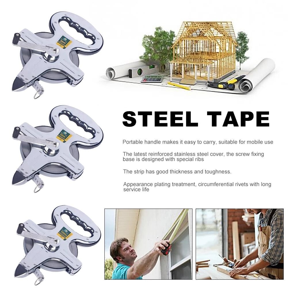 Tape Measure 30M 50M 100M Stainless Steel Tape Ruler Retractable Measuring Tape Metric Construction Measuring Tools