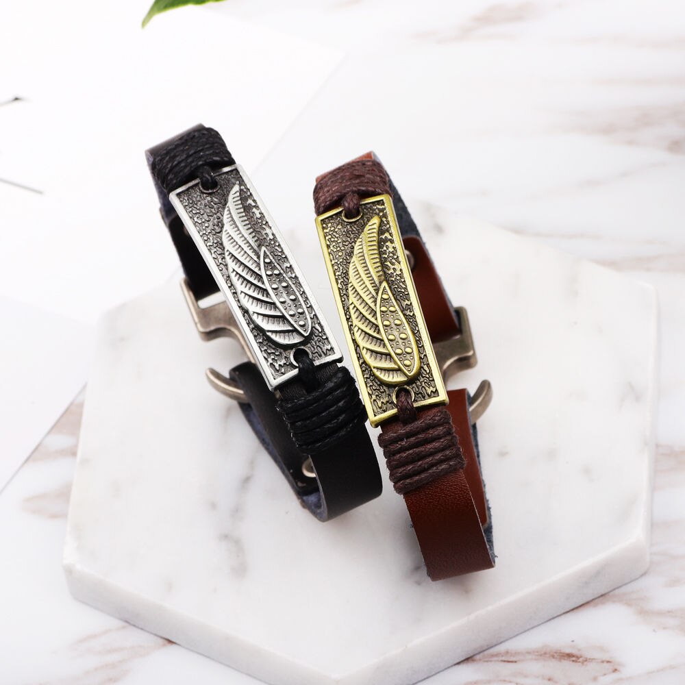 Charmante Vriendschap Armband Sieraden Stijlvolle Simple Metal Lederen Armband Voor Mannen Mannen Metallic Veer Armband