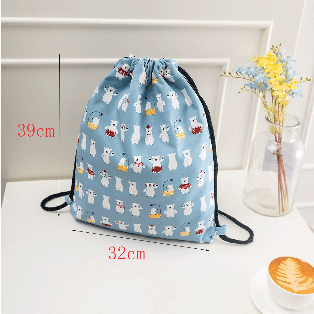 Dames kleine canvas rugzak met trekkoord, waterdichte schouderband, tassen voor meisjes, witte beer, blauwe polyester rugzak met koord