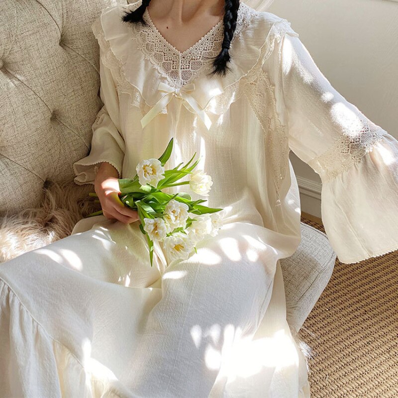 Camisones Vintage de algodón Beige para mujer, ropa de dormir suelta de manga larga, Victoriano Peignoir vestido de noche, para mujer, ropa de salón para el hogar