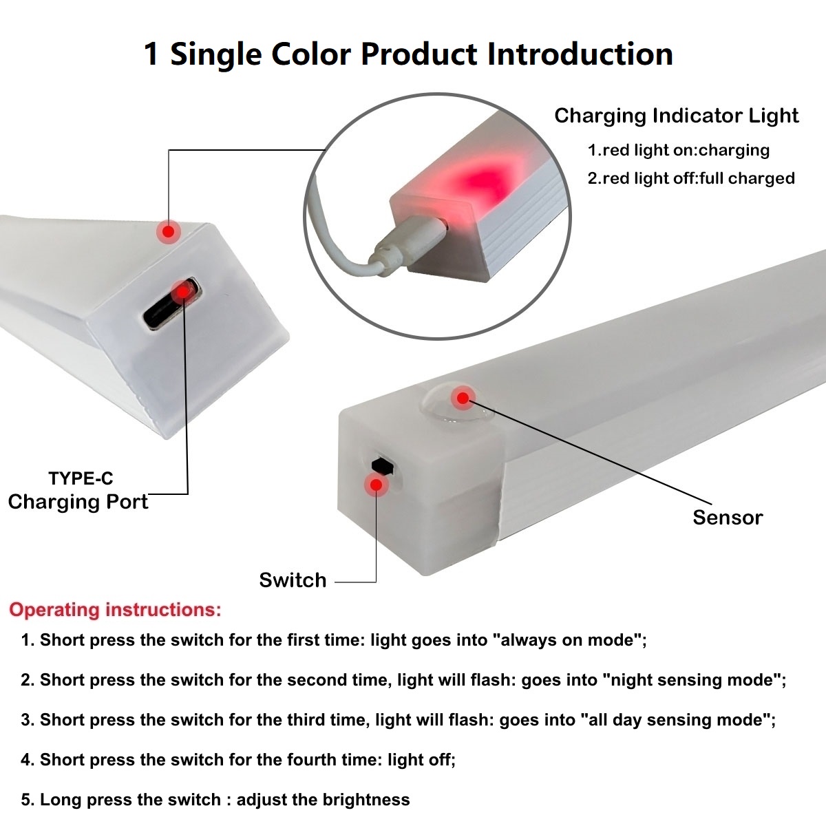 Barra de luz LED con Sensor de movimiento recargable por USB tipo C, luz nocturna de inducción portátil para cocina, mesita de noche, armario, pasillo